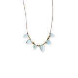 See Real Flowers Leaf Necklace w/ Aquamarine and gold beads on a white background