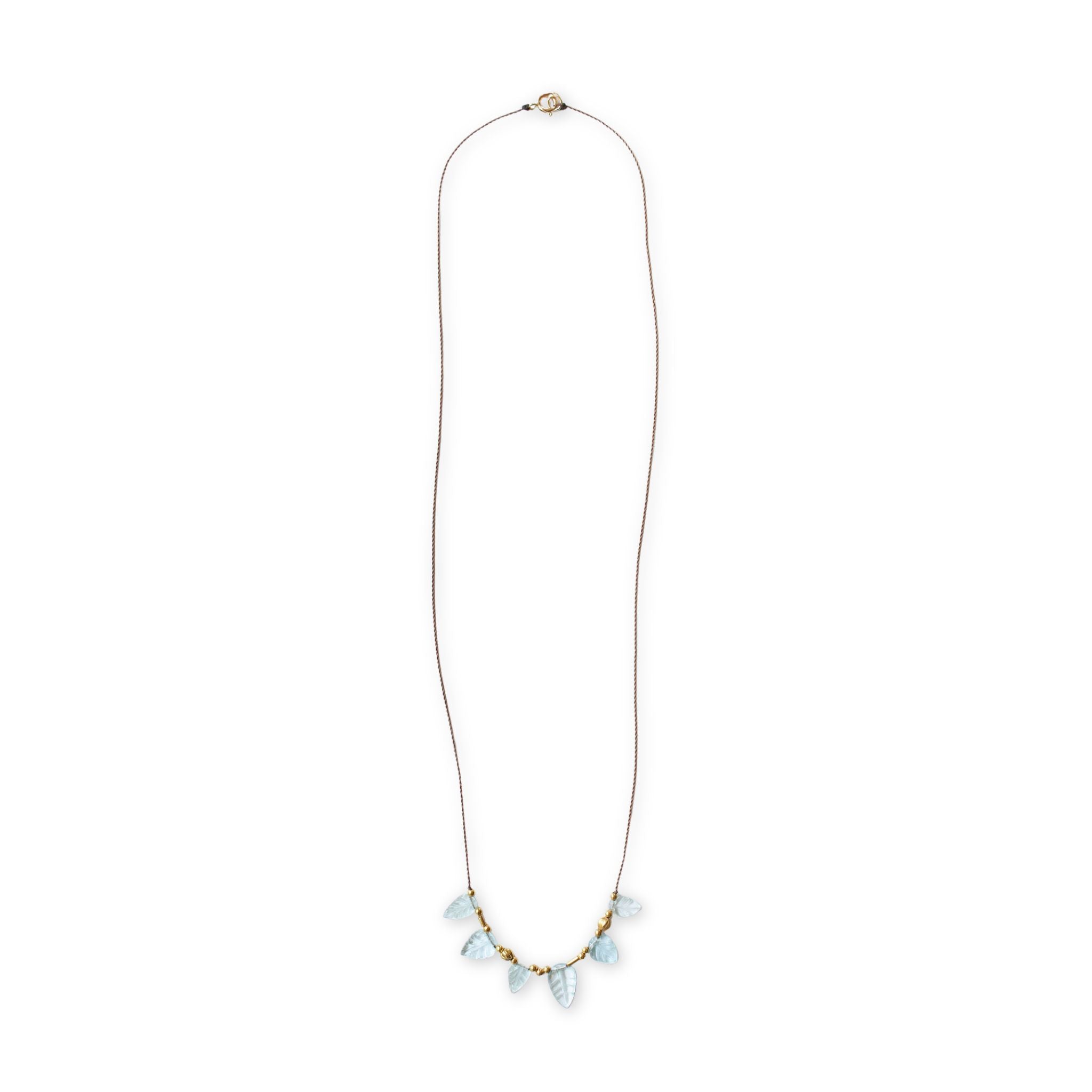 See Real Flowers Leaf Necklace w/ Aquamarine and gold beads on a white background