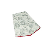 Floral patterned scarf on a white background with faded grey and deep red colors prominent