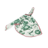 Floral patterned scarf on a white background with faded green and deep red colors prominent