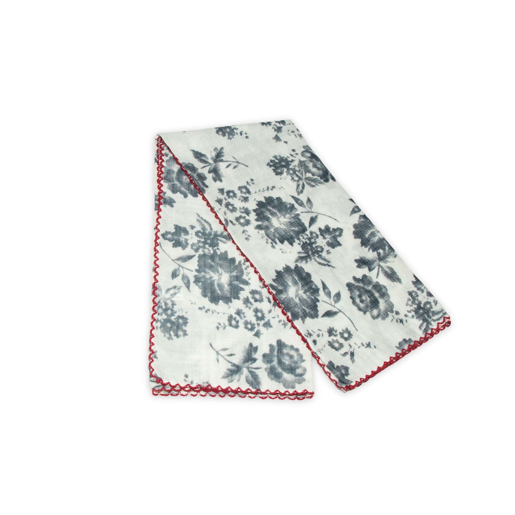 Floral patterned scarf on a white background with faded blue and deep red colors prominent