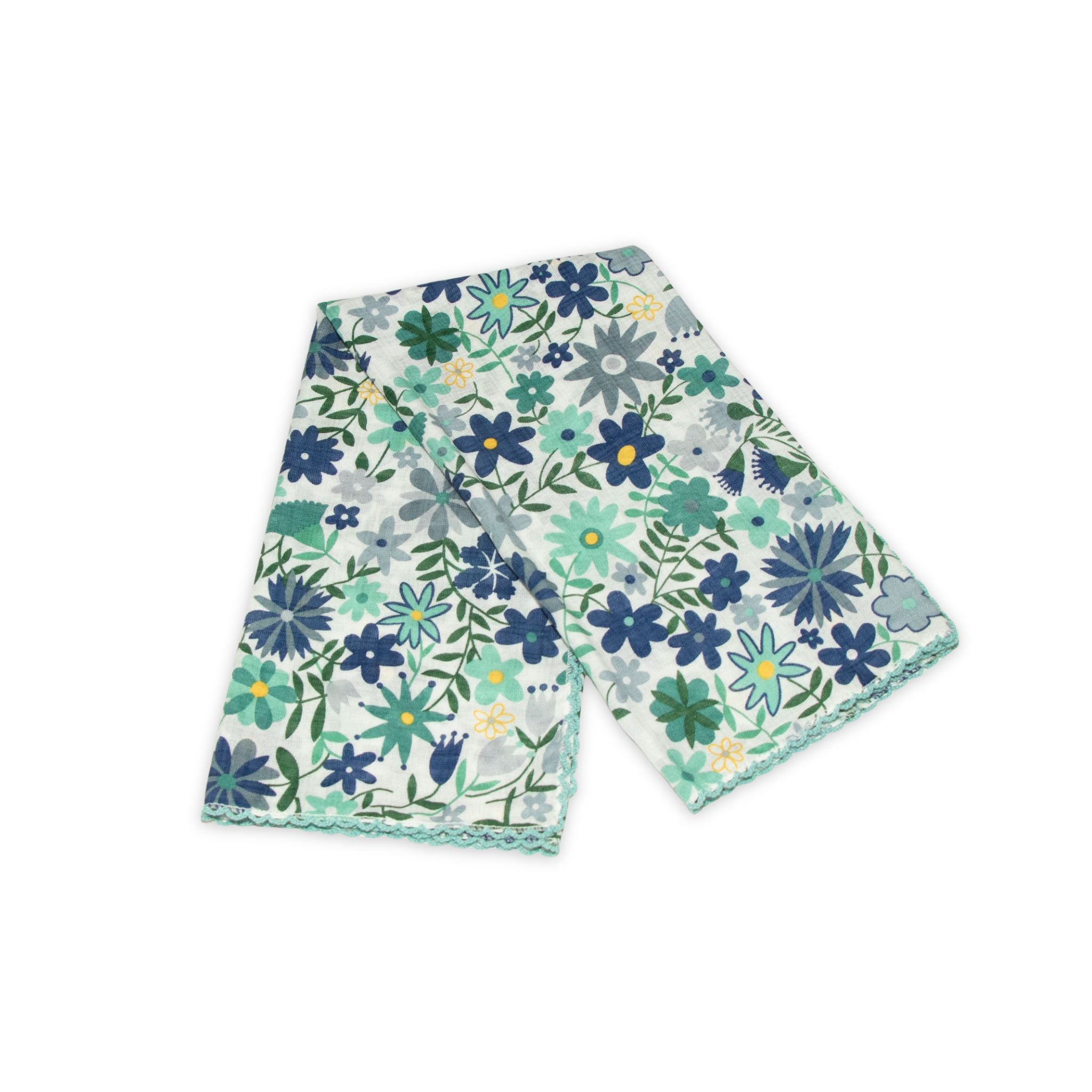 Floral patterned scarf on a white background with dark and light blue colors prominent