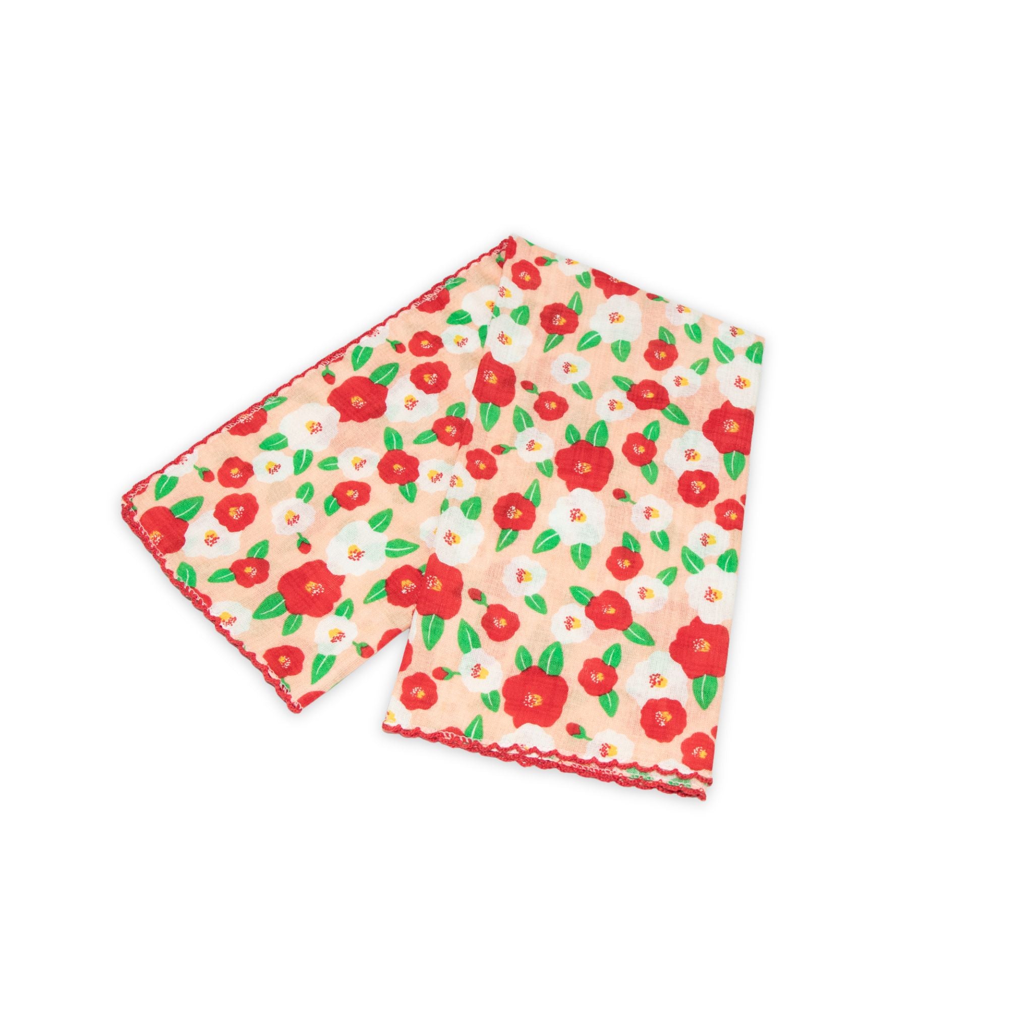 Floral patterned scarf on a white background with red and peach colors prominent