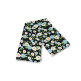 Floral patterned scarf on a white background with baby blue and black colors prominent
