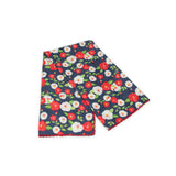 Floral patterned scarf on a white background with red and denim blue colors prominent