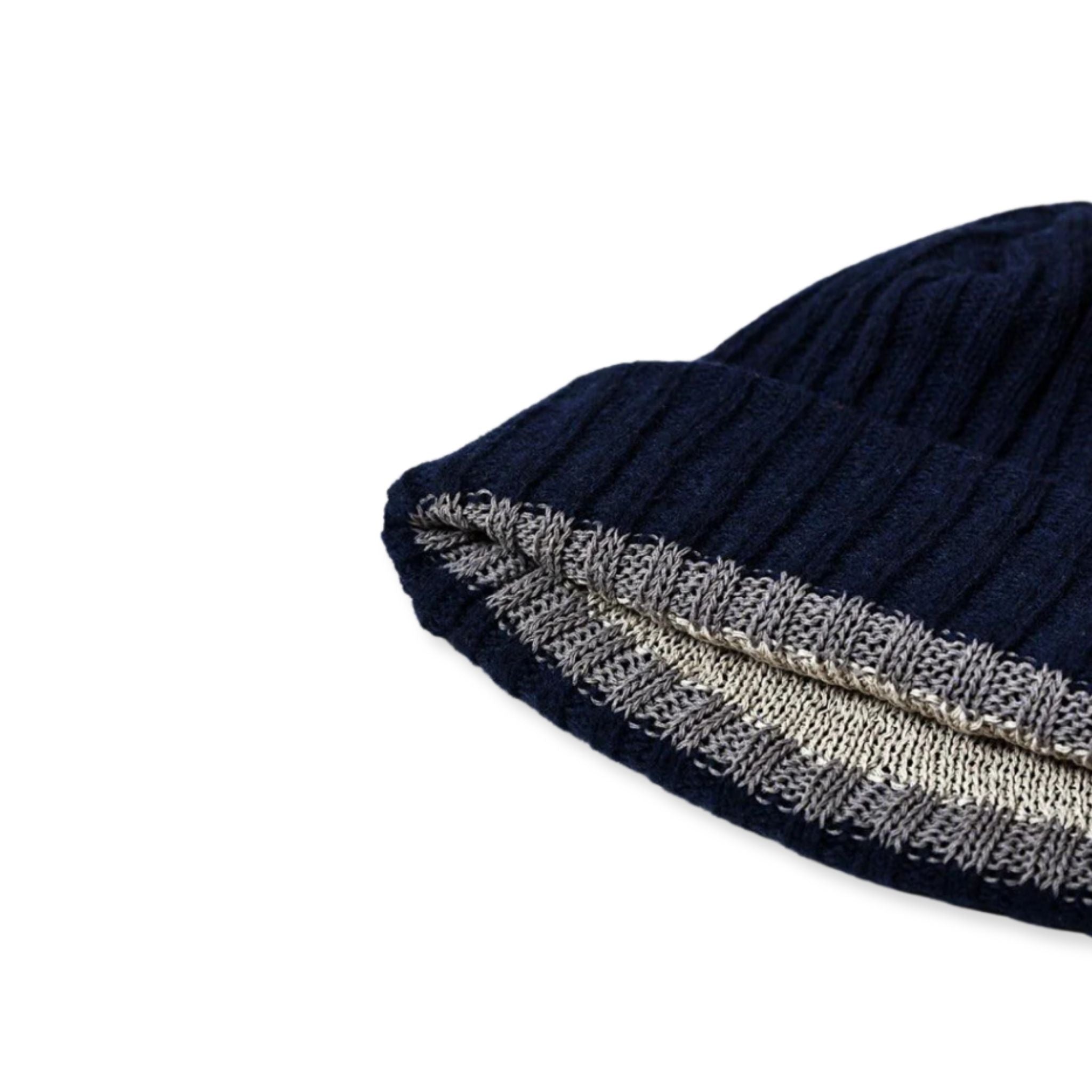 Close-up of a navy blue knit beanie with a grey border on a white background