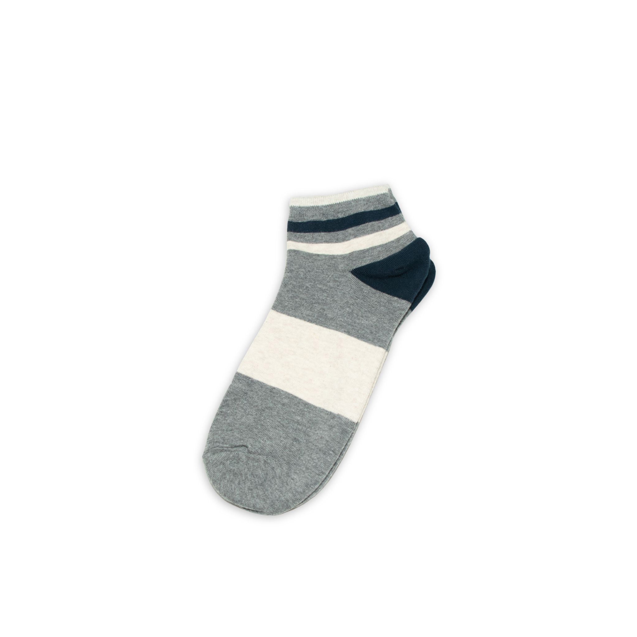 Striped sock with gray, white, and navy colors on a white background