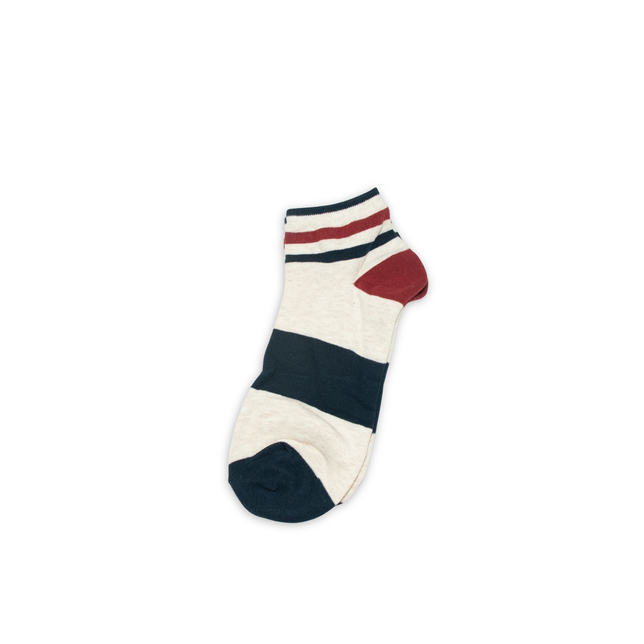 Striped sock with brick red, creme, and navy colors on a white background