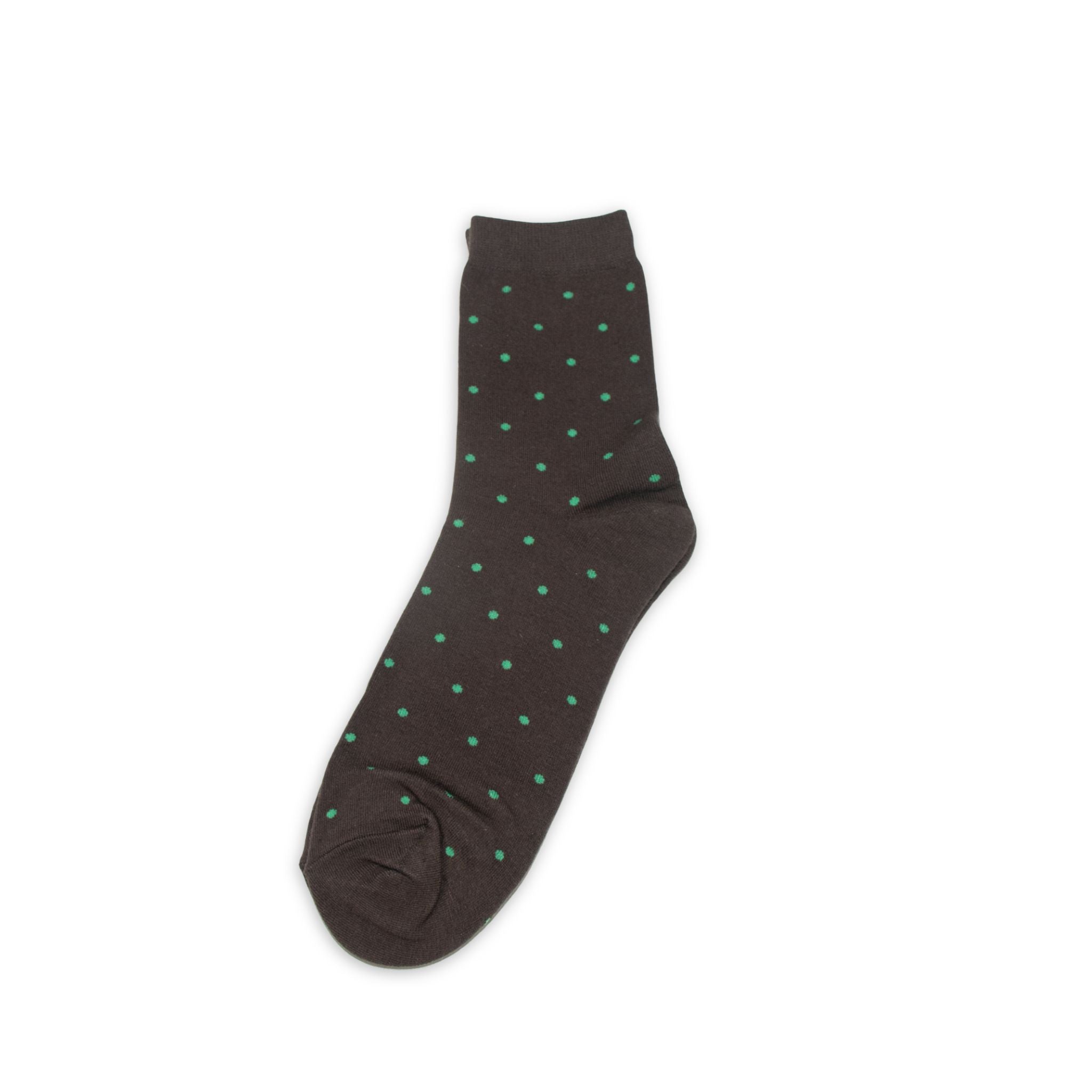 Dark brown sock with green polka dots on a white background