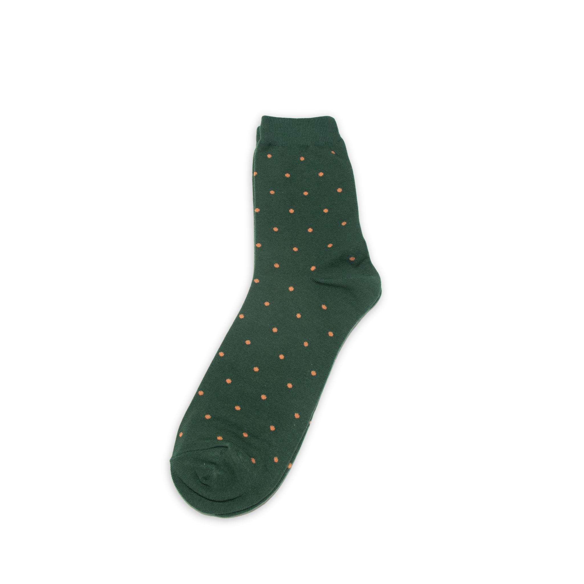 Green sock with orange polka dots on a white background