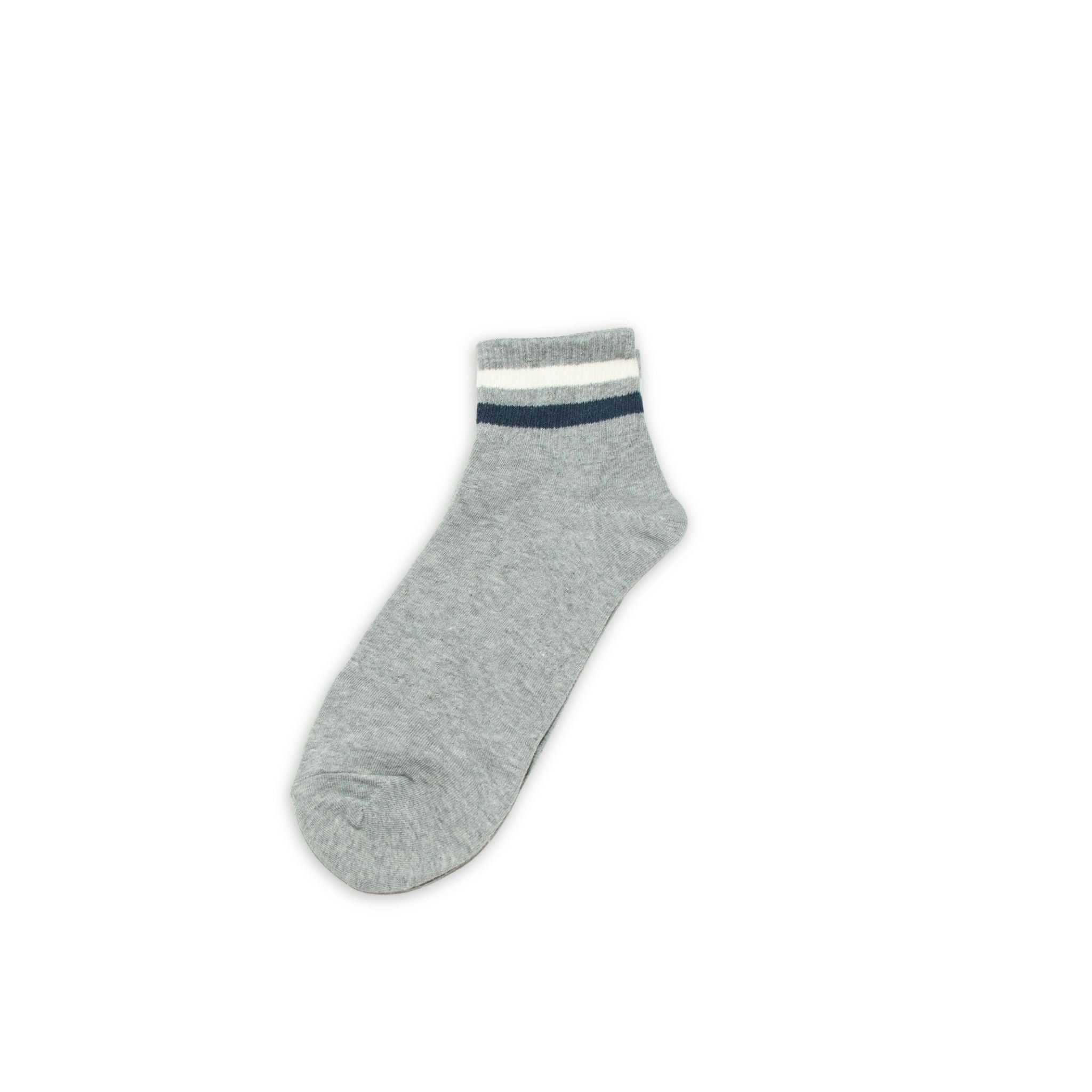 Gray ankle sock with a creme and navy stripe on a white background
