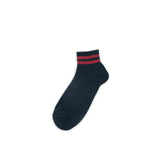 Navy sock with brick red stripes on a white background