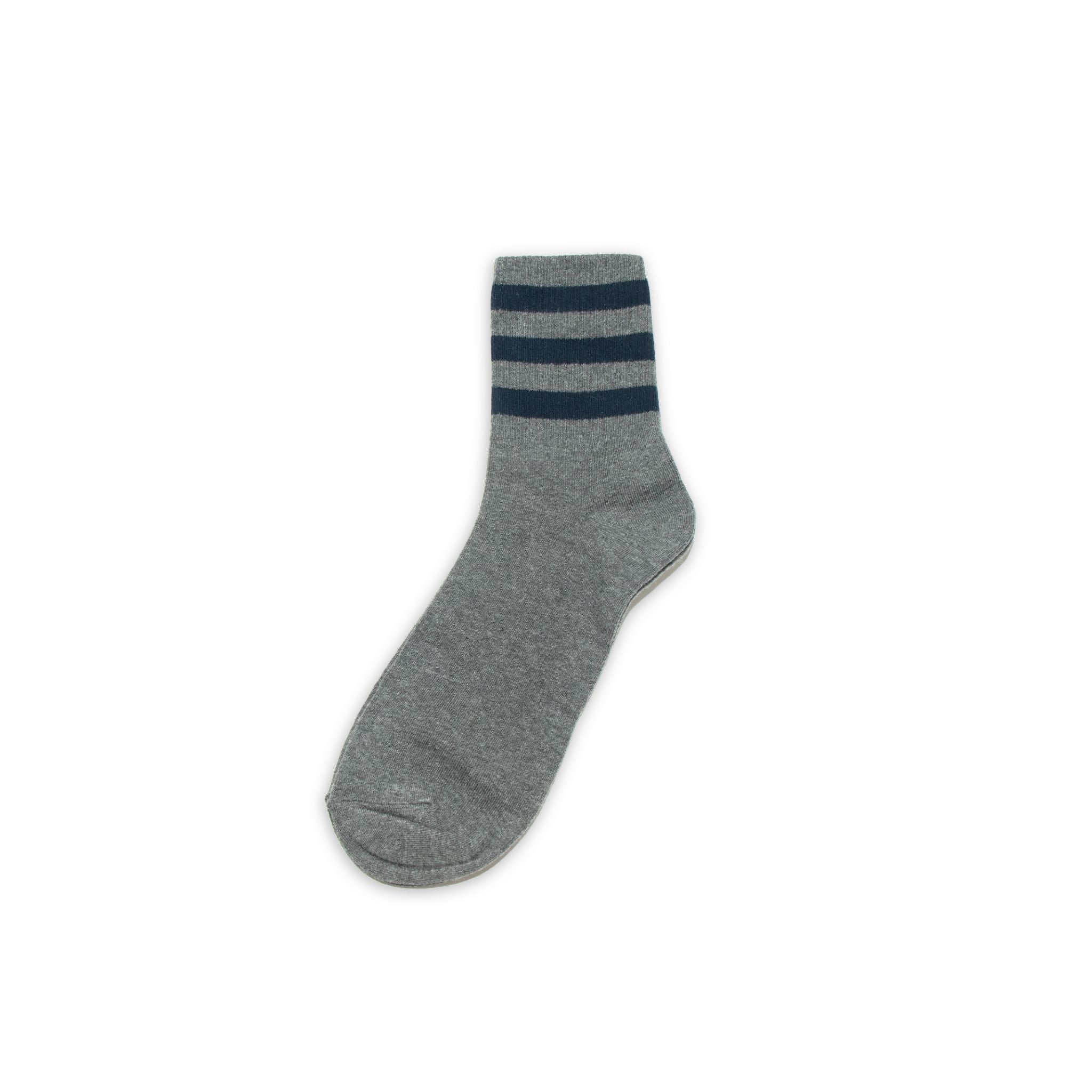 Gray sock with two blue stripes on a white background