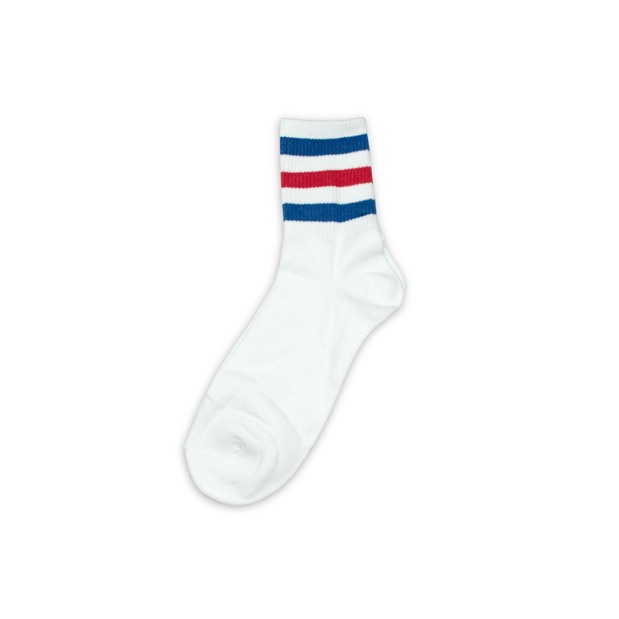 White sock with blue and red stripes on a white background