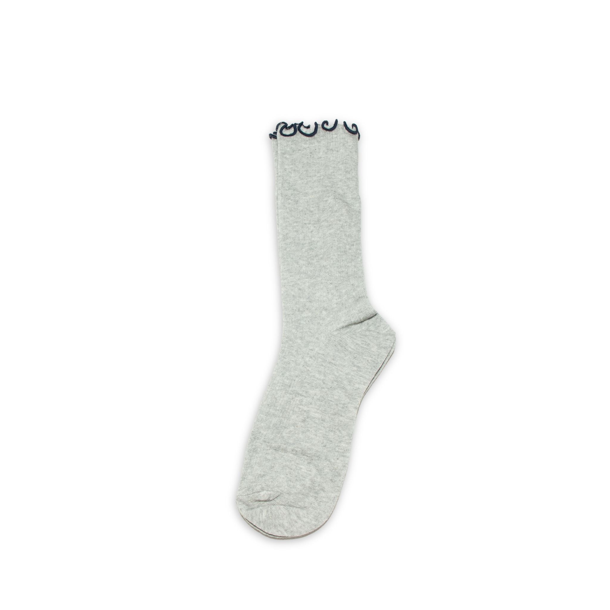 Gray sock with black lace trim on a white background