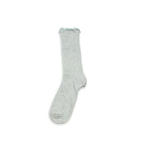 Gray sock with baby blue lace trim on a white background