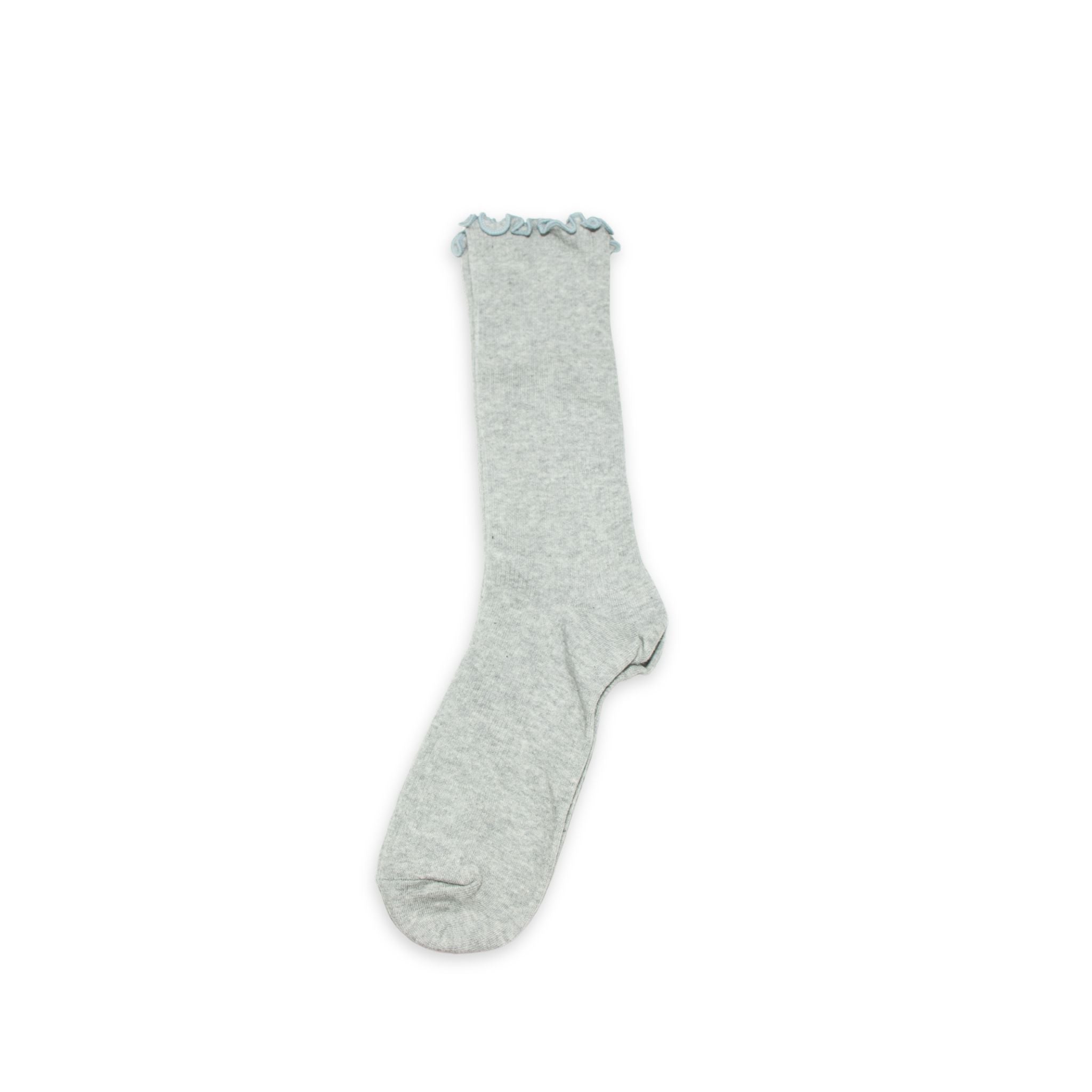 Gray sock with baby blue lace trim on a white background