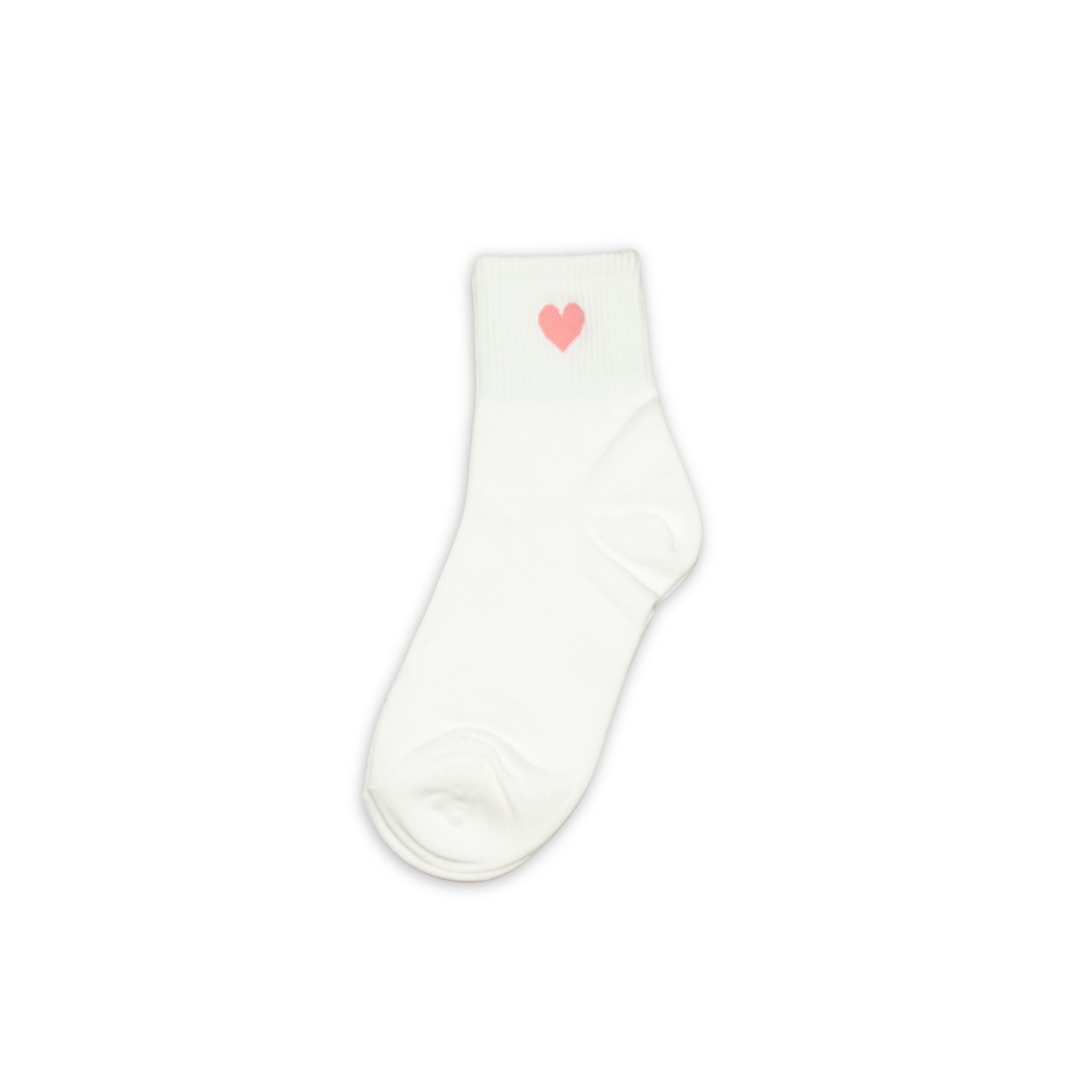 White ankle sock with a pink heart on a white background