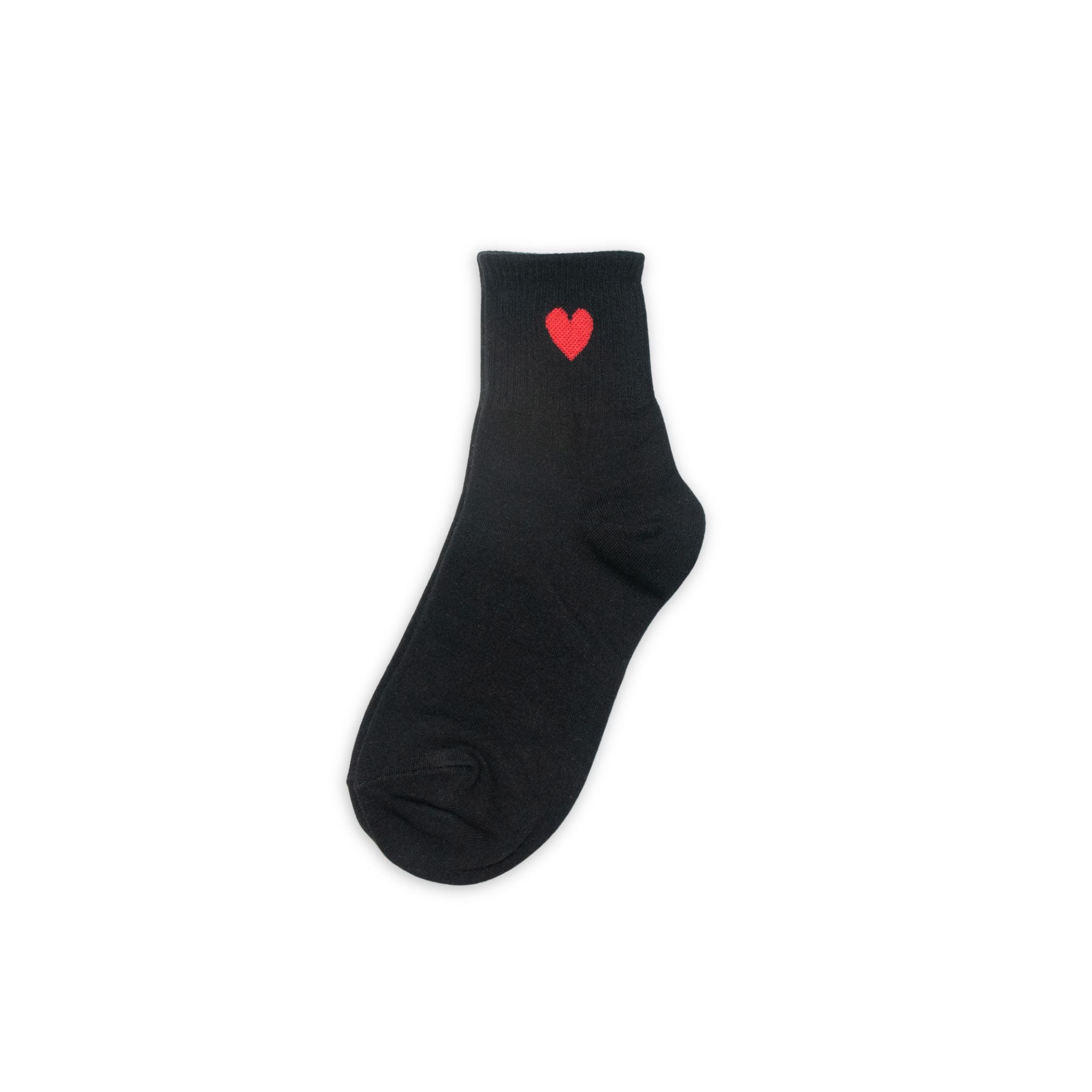 Black sock with a red heart on a white background