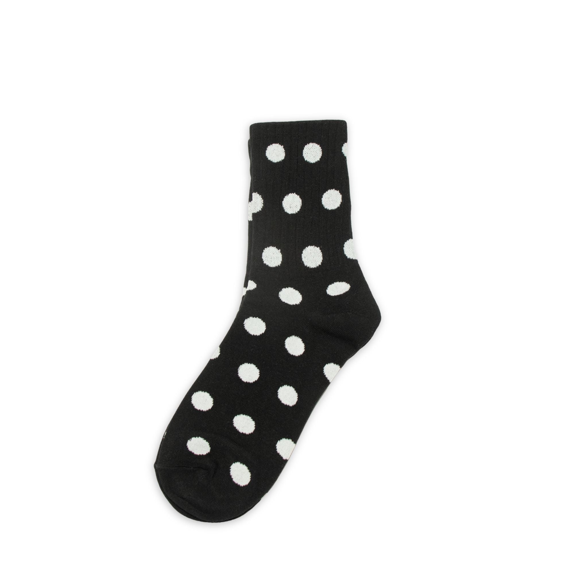 Black sock with white polka dots on a white background
