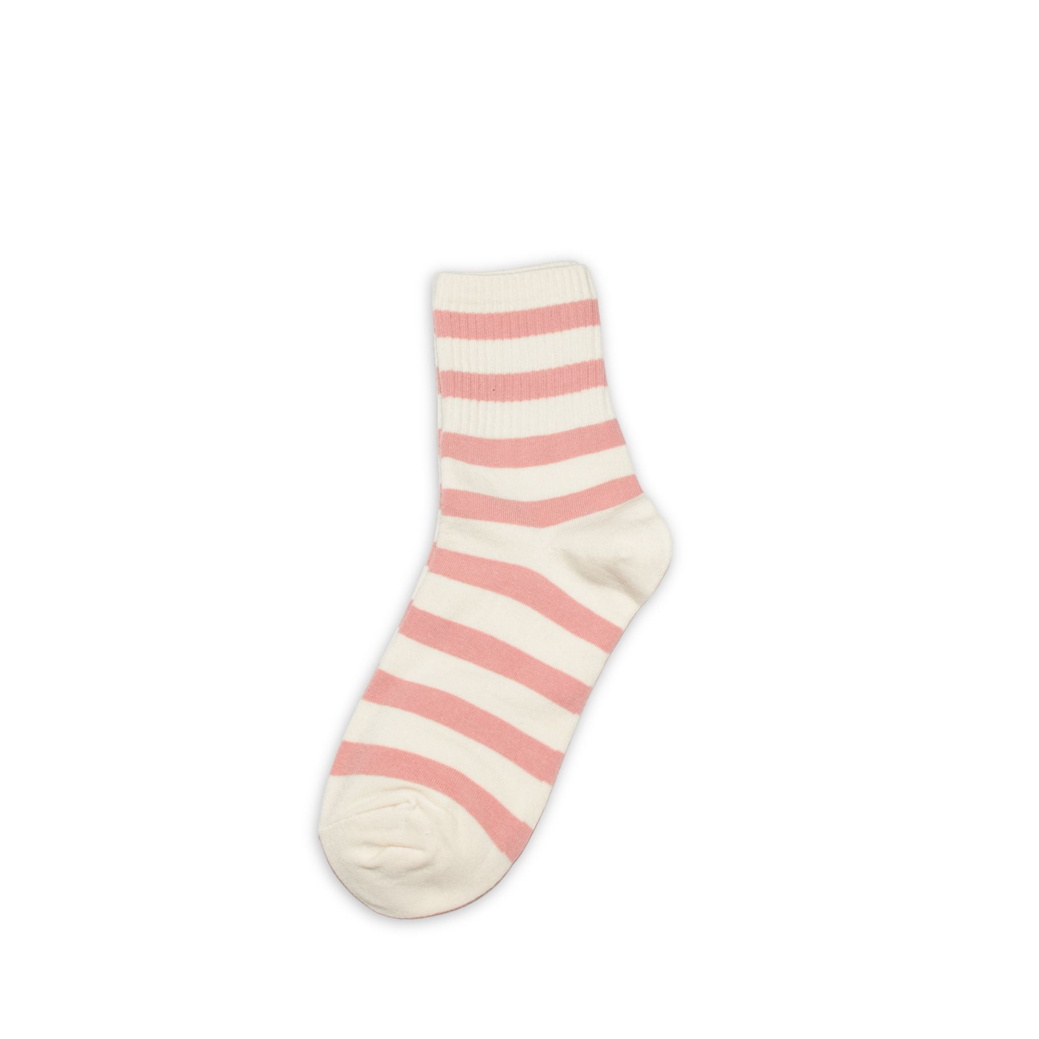 White sock with rose pink stripes on a white background