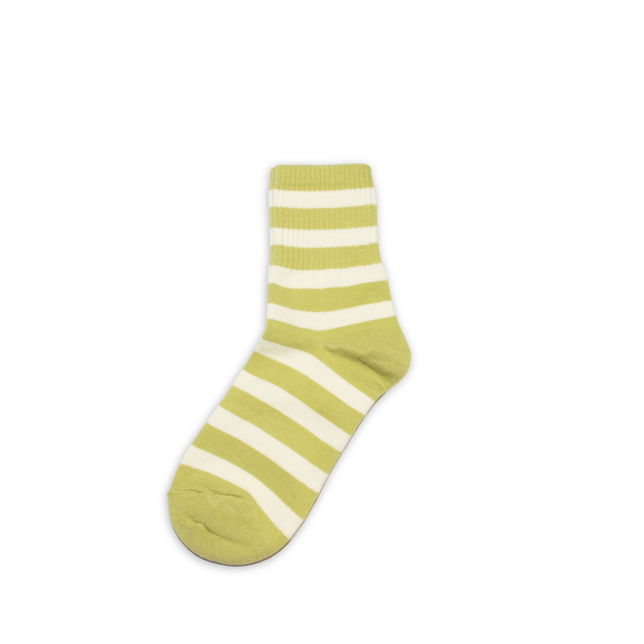Apple green and white striped sock on a white background