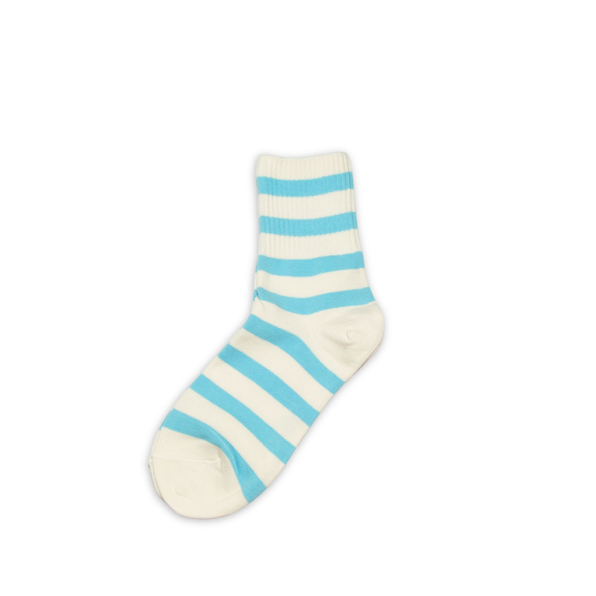 White sock with baby blue stripes on a white background