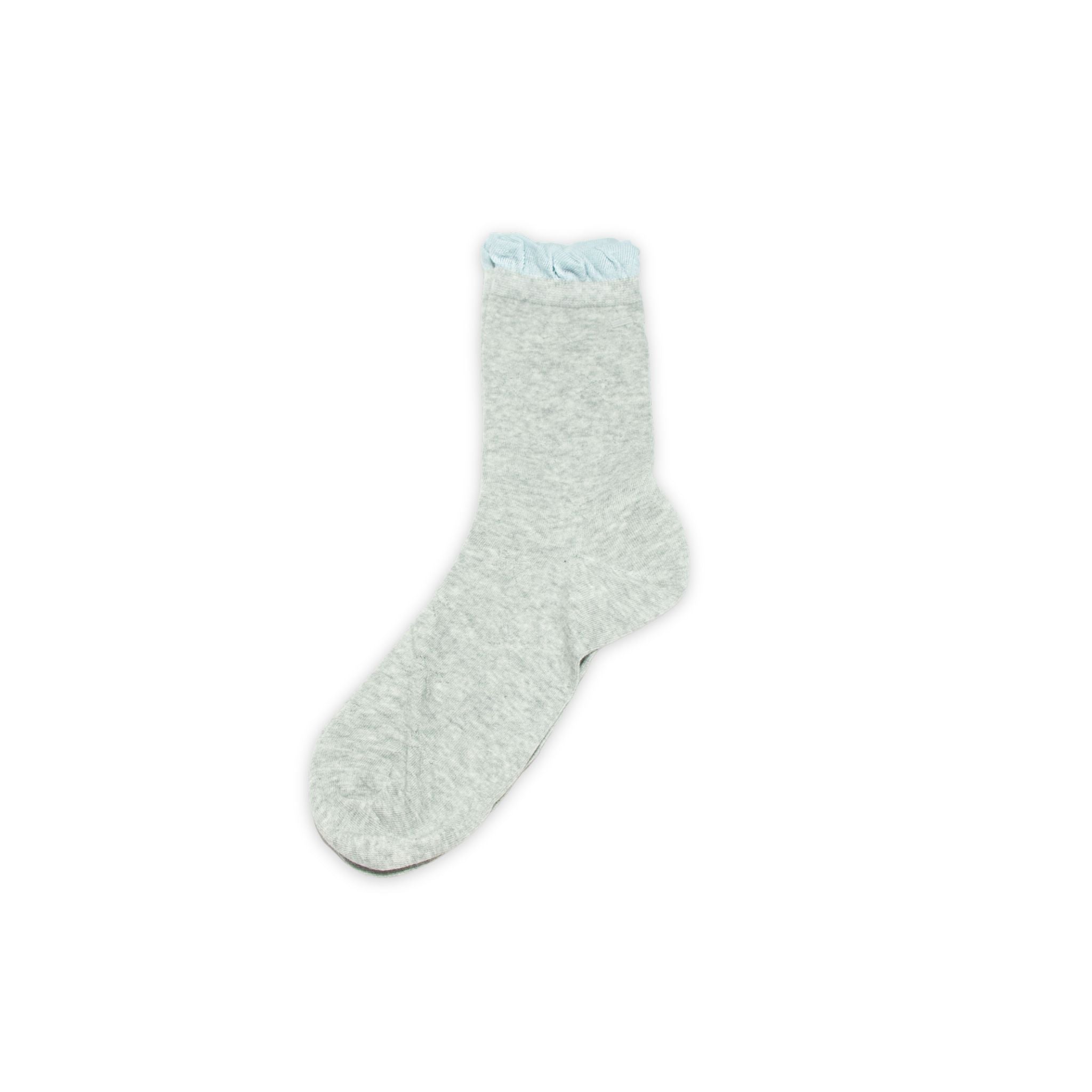 Gray sock with blue trim and ribbon patterns on a white background