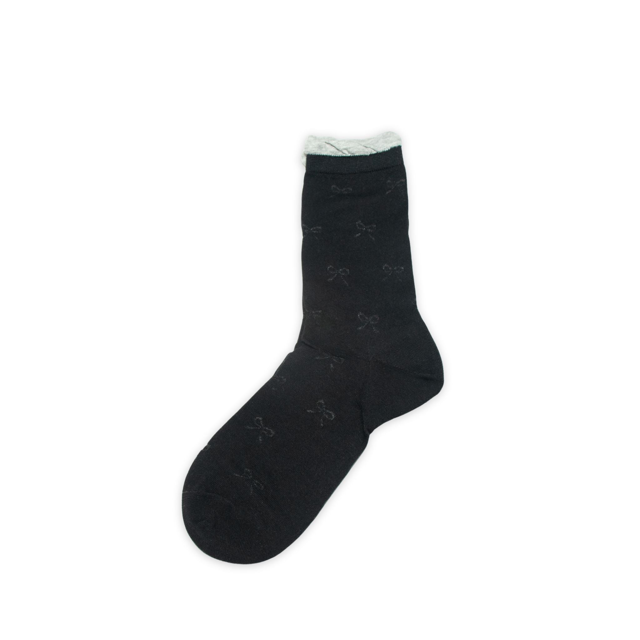 Black sock with light grey trim and ribbon patterns on a white background