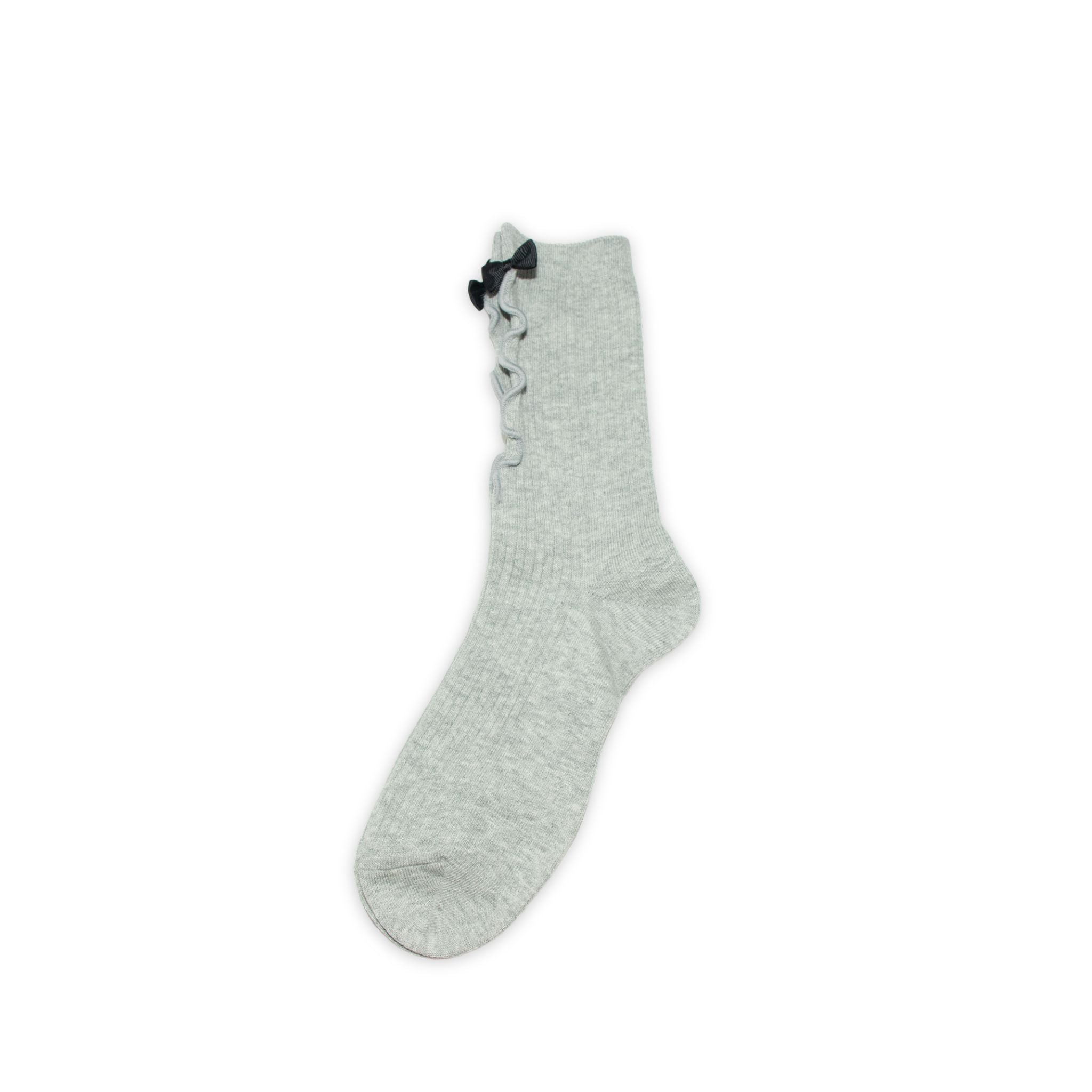 Light gray sock with matching ruffled top and black ribbon on a white background