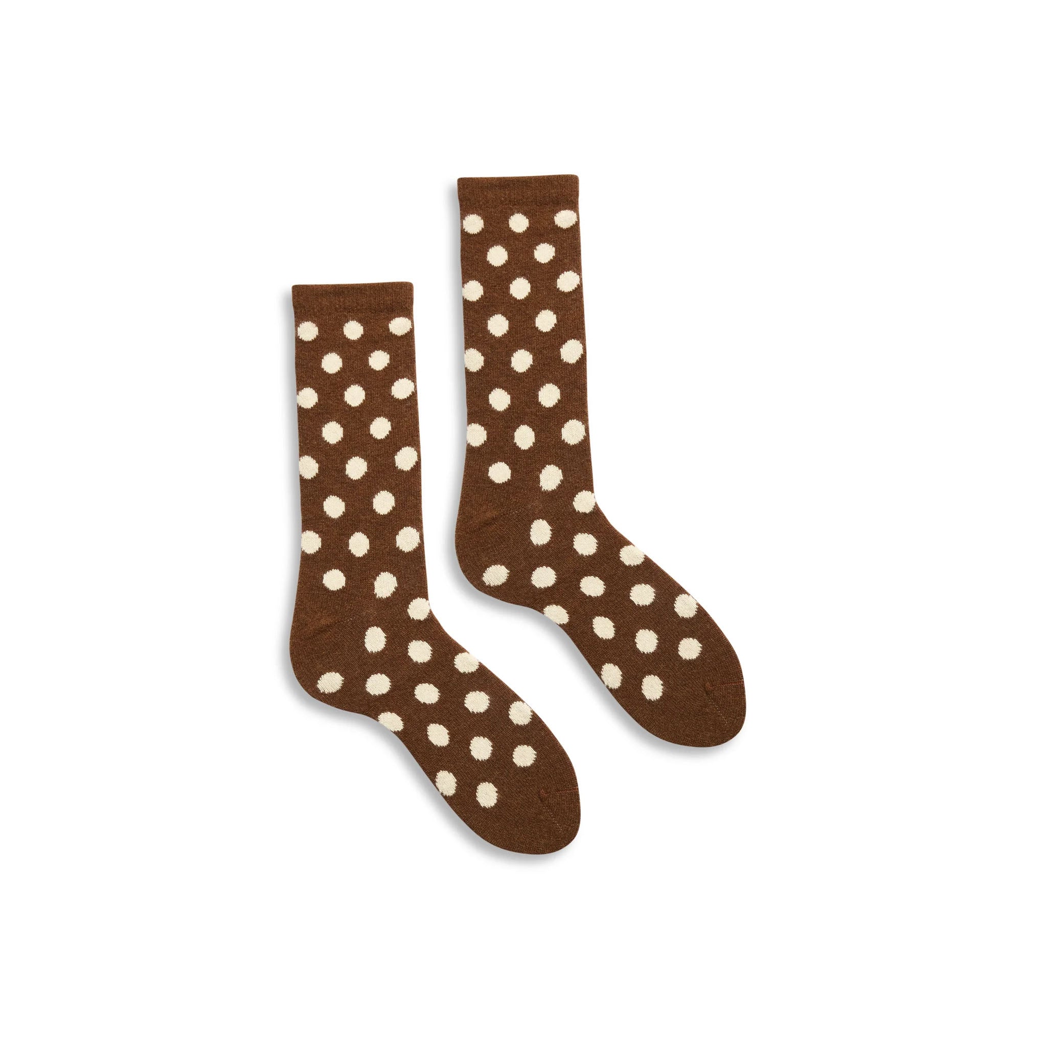 Pair of brown socks with white polka dots on a white background