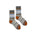Pair of patterned socks with brown accents on a white background