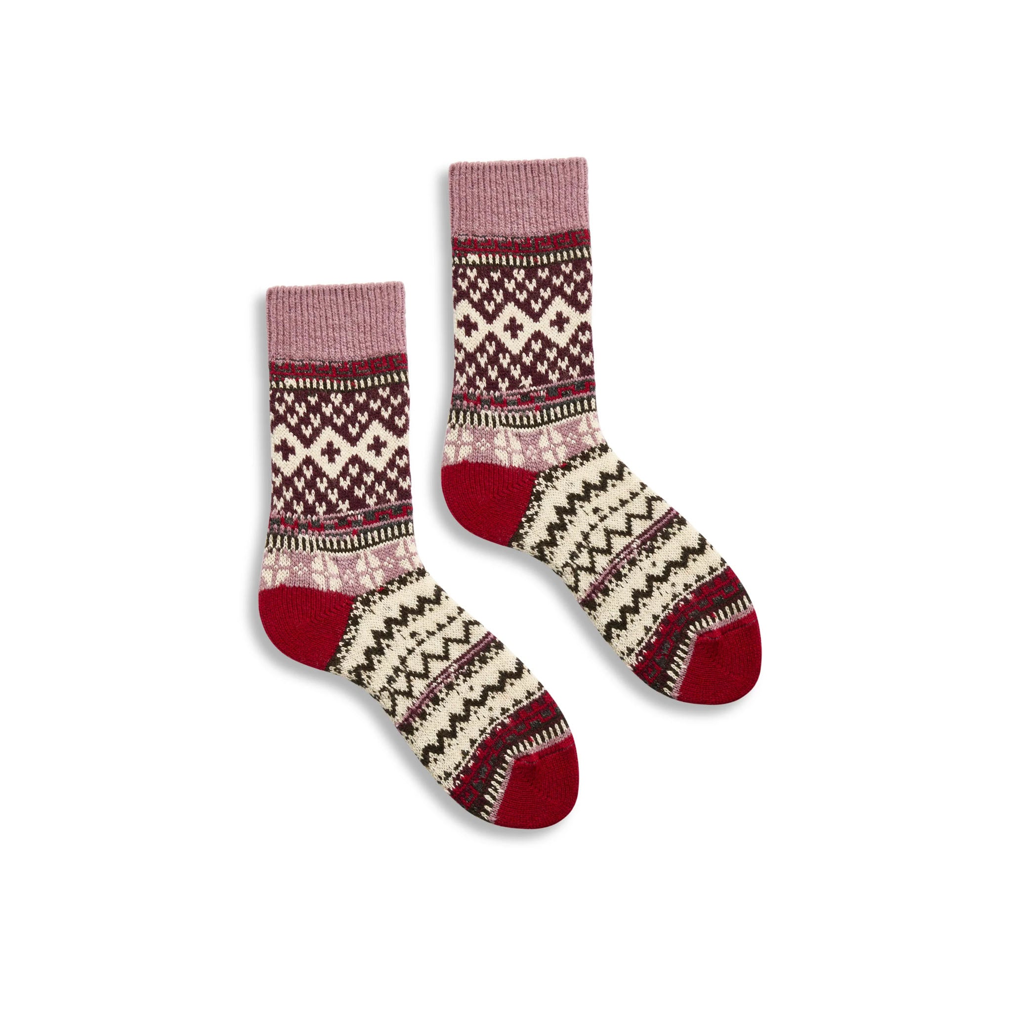 Pair of patterned socks with red accents on a white background