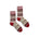 Pair of patterned socks with red accents on a white background