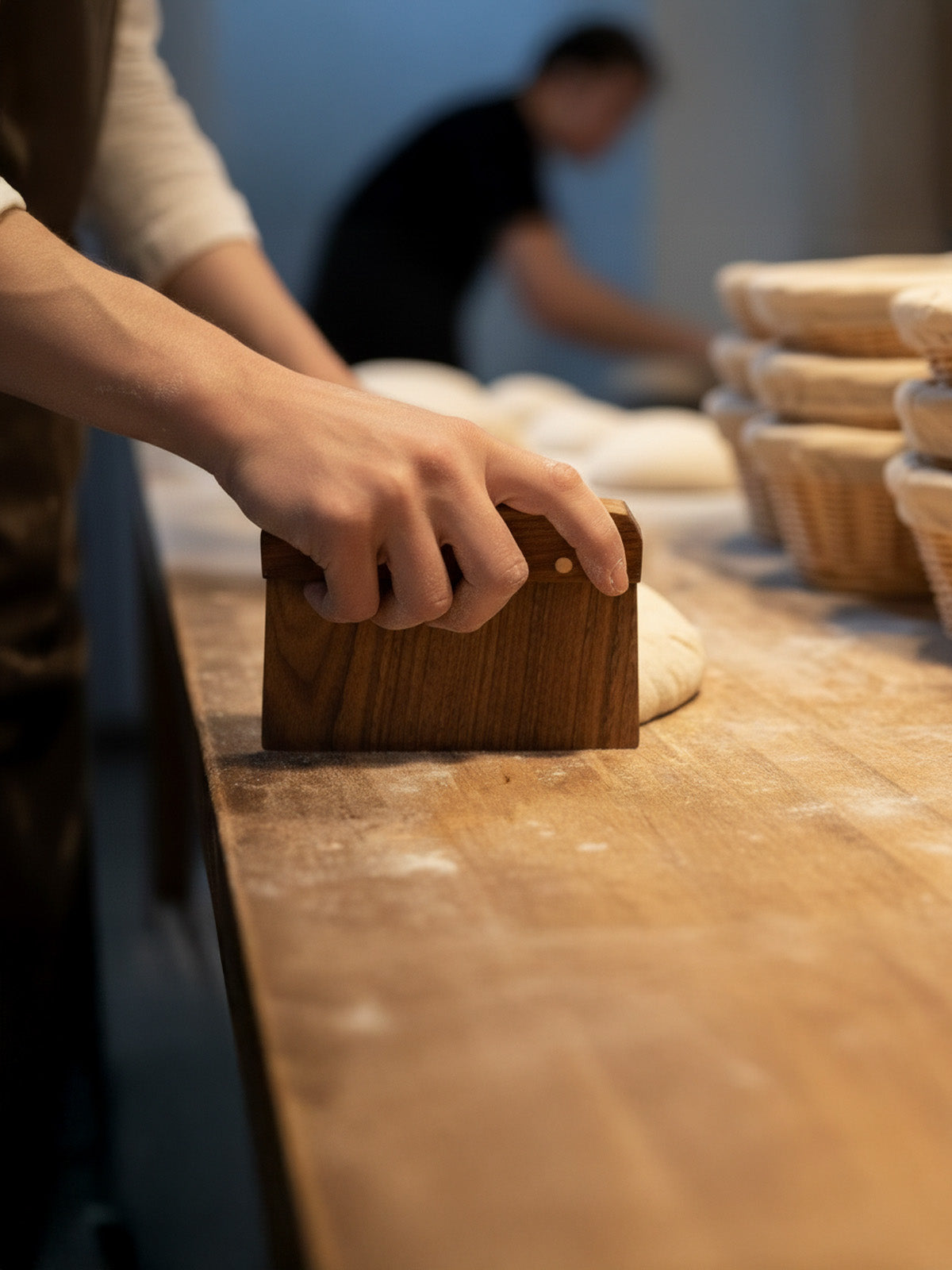 Person using a wooden bench scraper on a wooden surface
