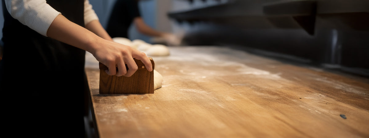 Person using a wooden bench scraper on a wooden surface