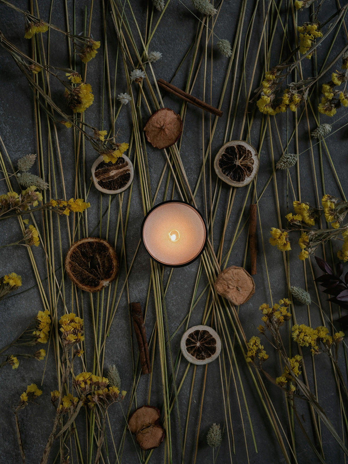 Candle surrounded by dried herbs and spices on a dark surface