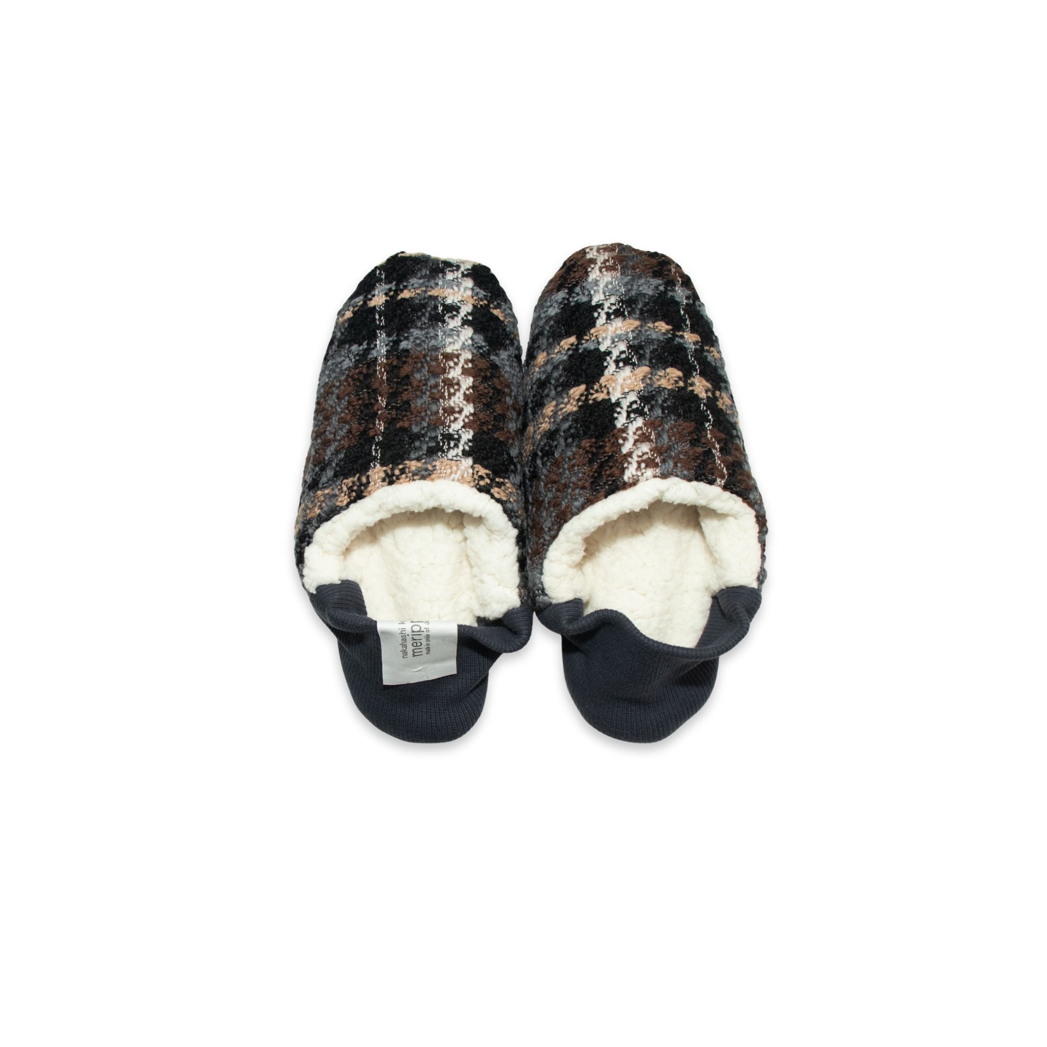 Pair of slippers with plaid pattern on a white background