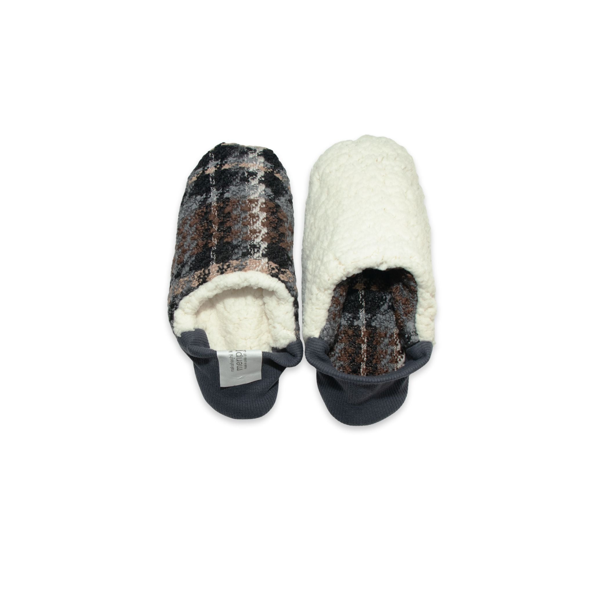 Pair of slippers with plaid pattern on a white background