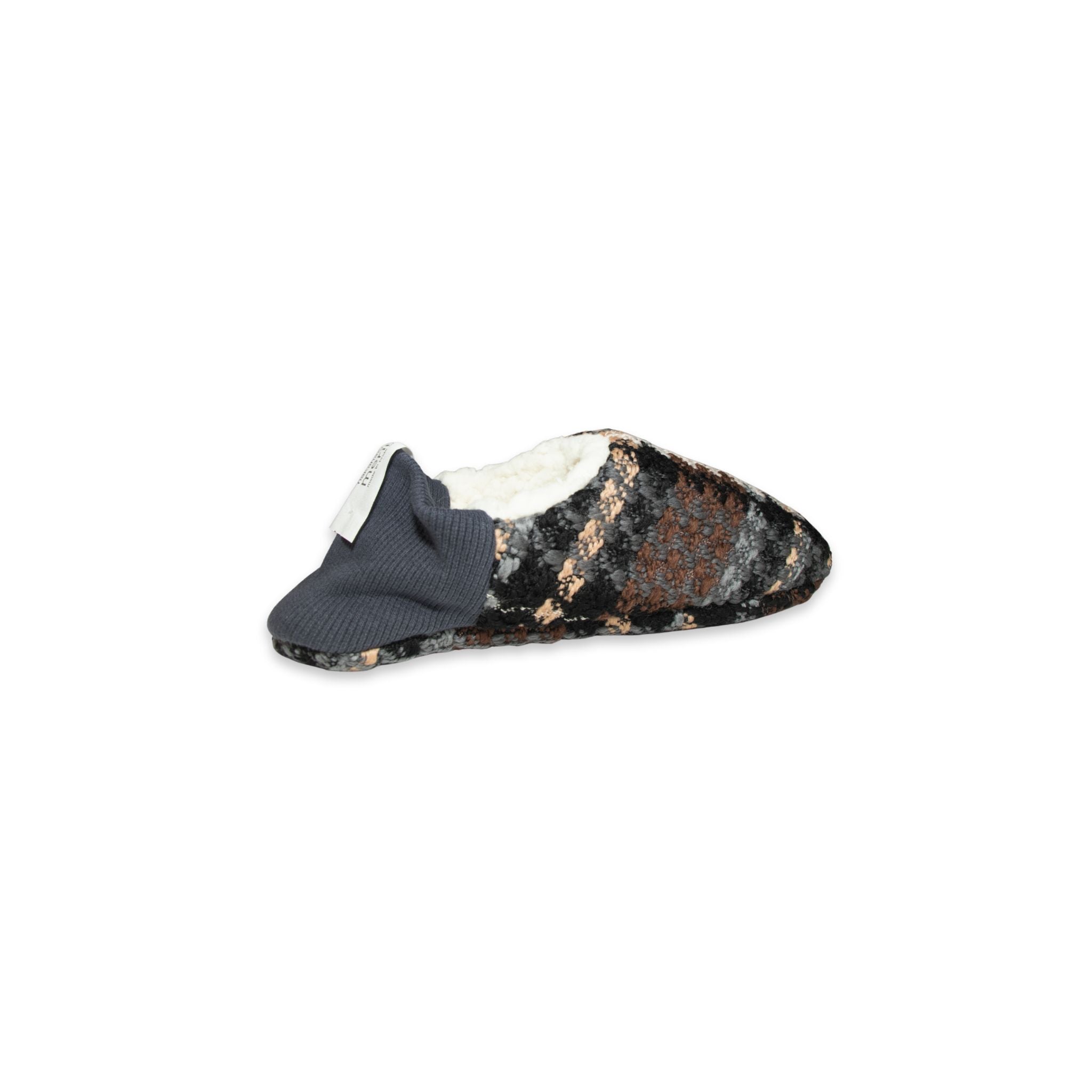 Angled view of patterned slipper on a white background