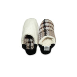 Pair of slippers with plaid pattern on a white background