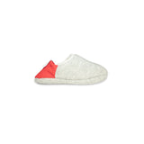 Side view of grey colored  slippers with red trim on a white background