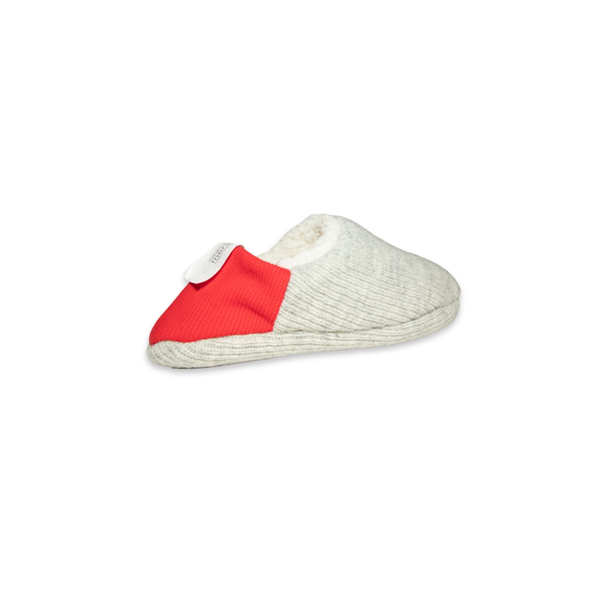 Angled view of grey colored  slippers with red trim on a white background