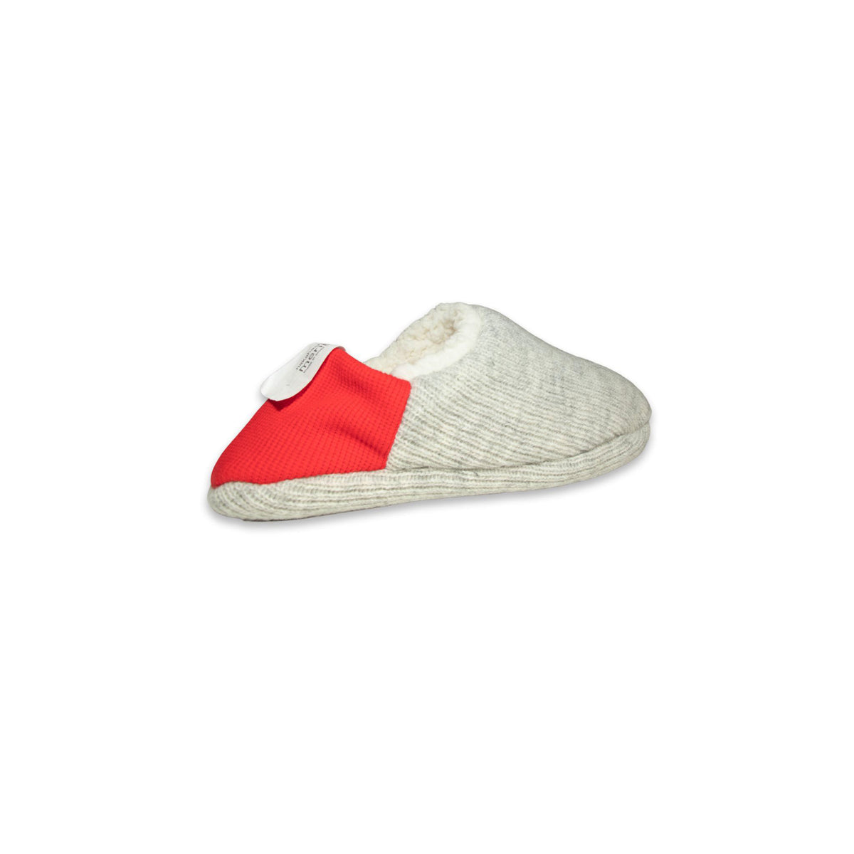 Angled view of grey colored  slippers with red trim on a white background