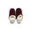 A pair of burgundy colored  slippers with white trim on a white background
