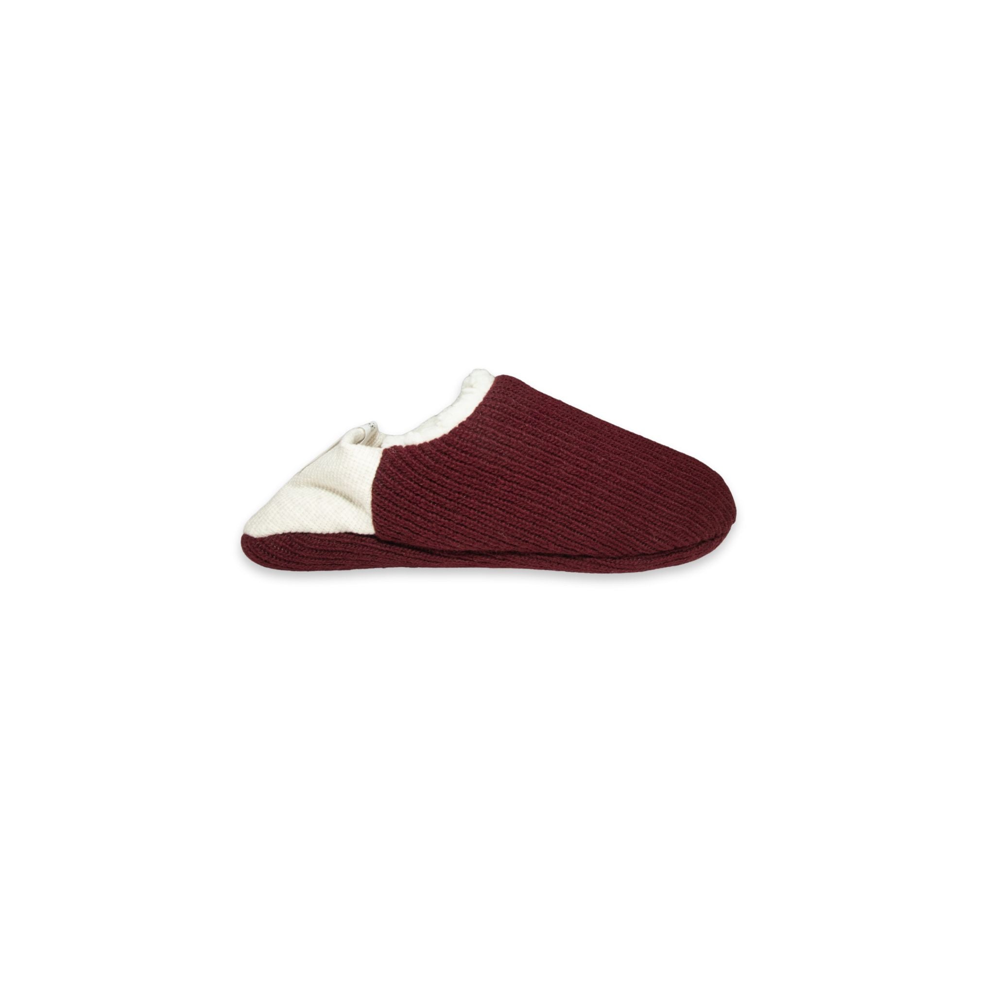 Side view of burgundy colored  slippers with white trim on a white background
