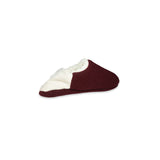 Angled view of burgundy colored  slippers with white trim on a white background