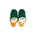 A pair of dark green colored  slippers with yellow trim on a white background