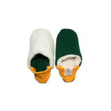 A pair of dark green colored  slippers with yellow trim on a white background