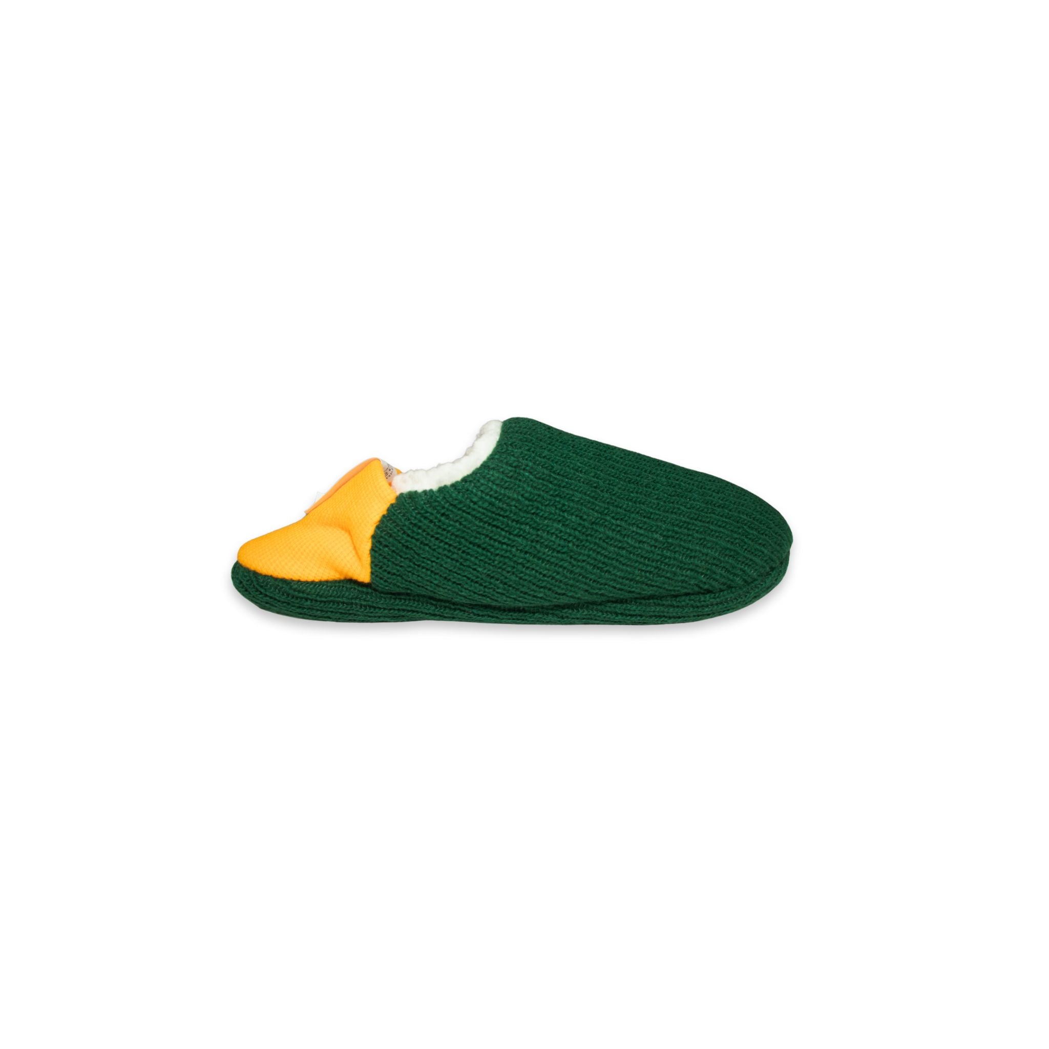 Side view of dark green colored  slipper with yellow trim on a white background
